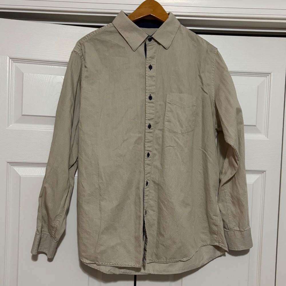 Tasso Elba Button Down Shirt Mens L Beige Striped Long Sleeve Cotton Tailored